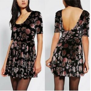 Black Floral Velvet Low Back Skater Dress